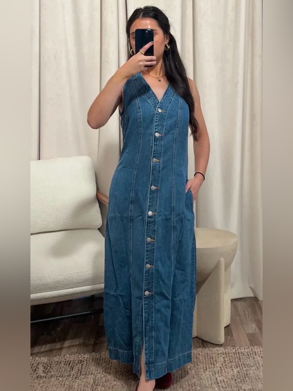 Button-Front Denim Maxi Dress - Blue